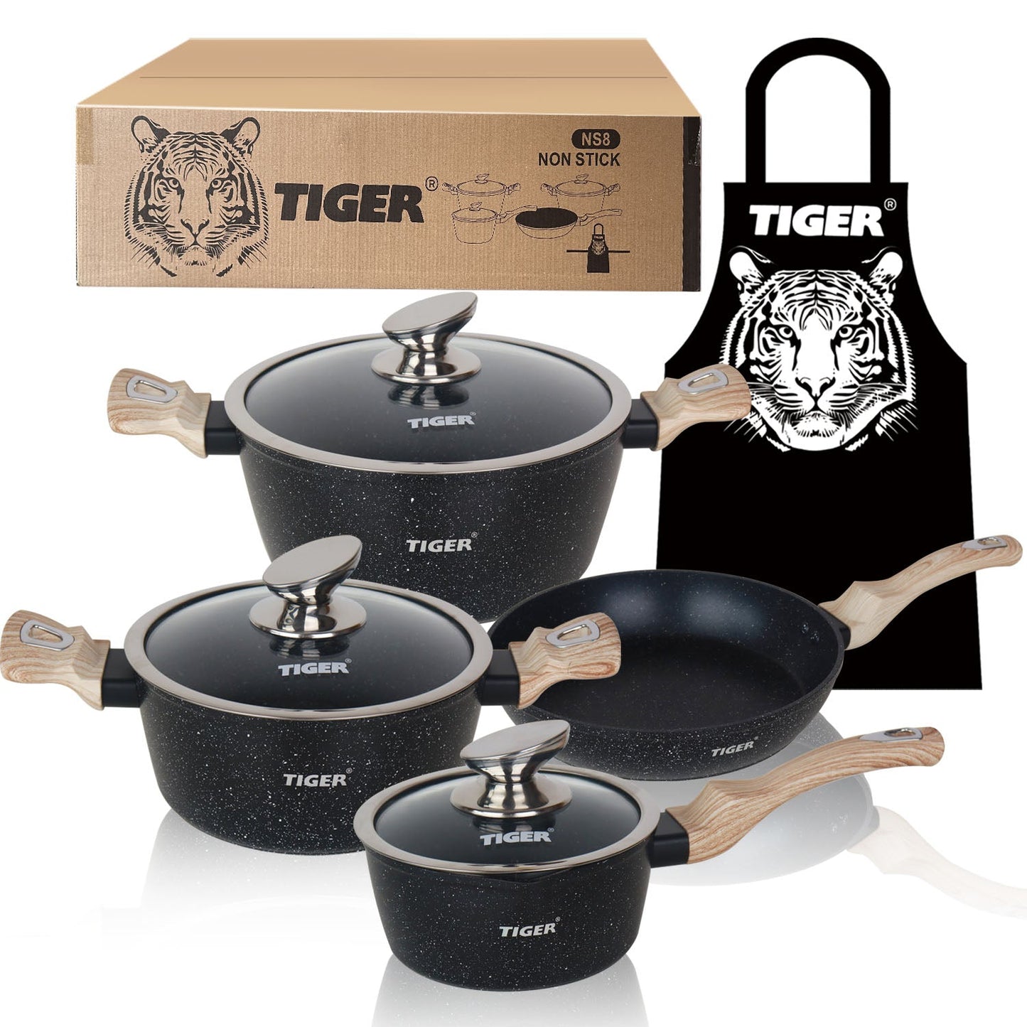 New Arrival!!! Tiger Non-Stick 8 Piece Marble Coating Cookware Set Black