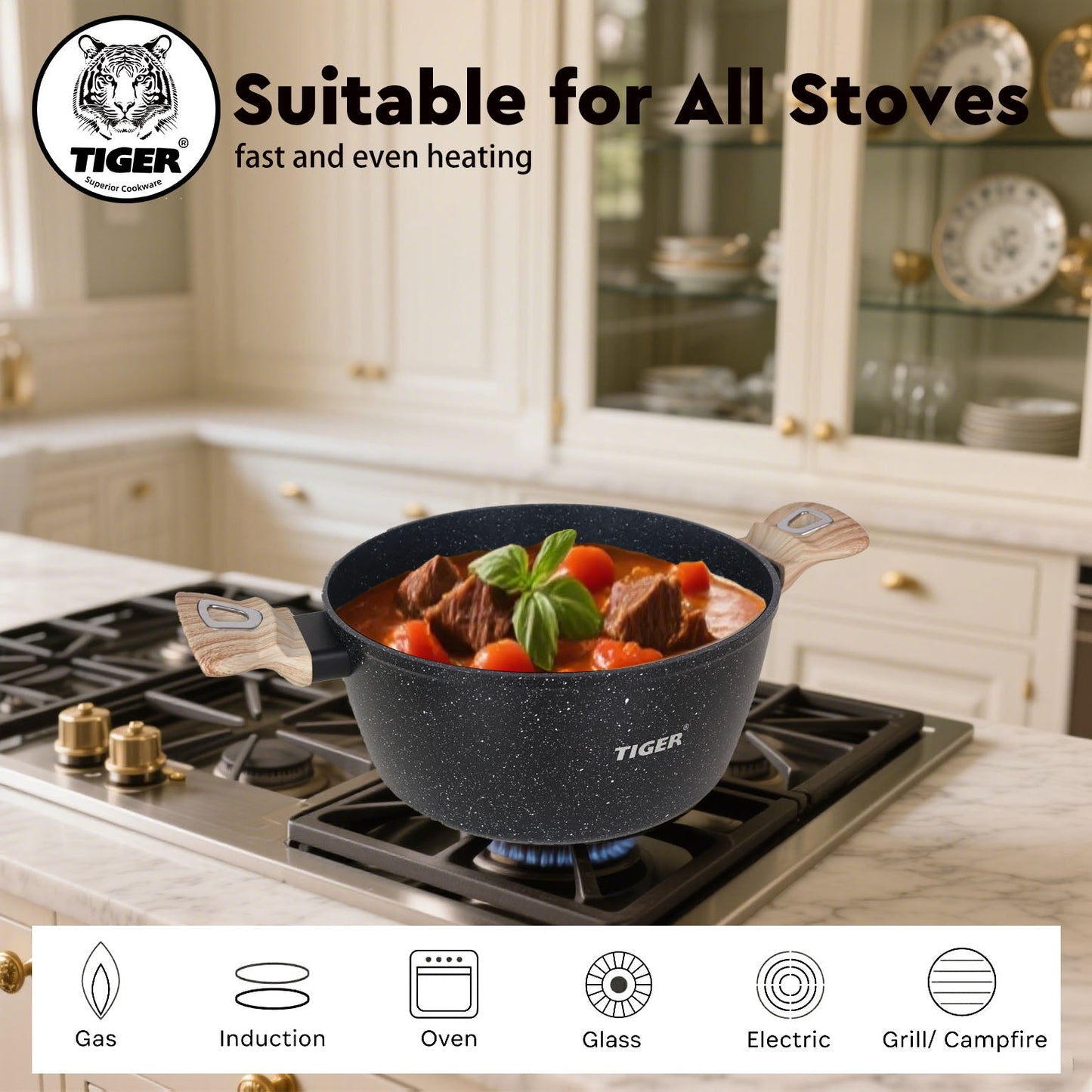 New Arrival!!! Tiger Non-Stick 8 Piece Marble Coating Cookware Set Black