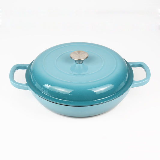 La Cocina 30cm Turquoise Cast Iron Shallow Round Casserole Paella Pot - 3.5 Liter