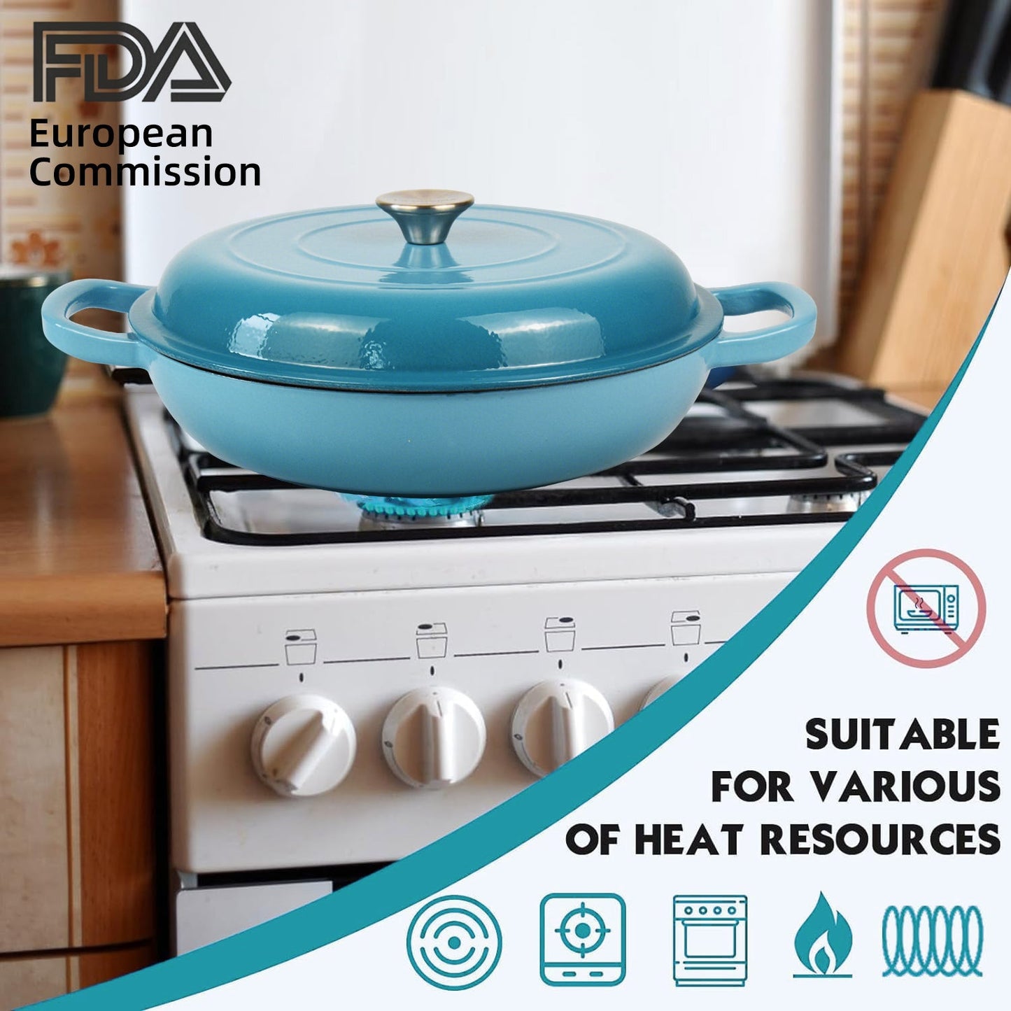 La Cocina 30cm Turquoise Cast Iron Shallow Round Casserole Paella Pot - 3.5 Liter