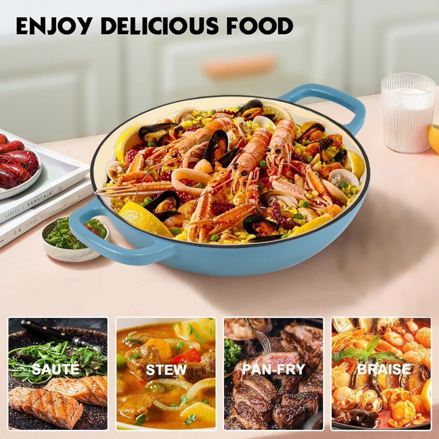 La Cocina 30cm Turquoise Cast Iron Shallow Round Casserole Paella Pot - 3.5 Liter