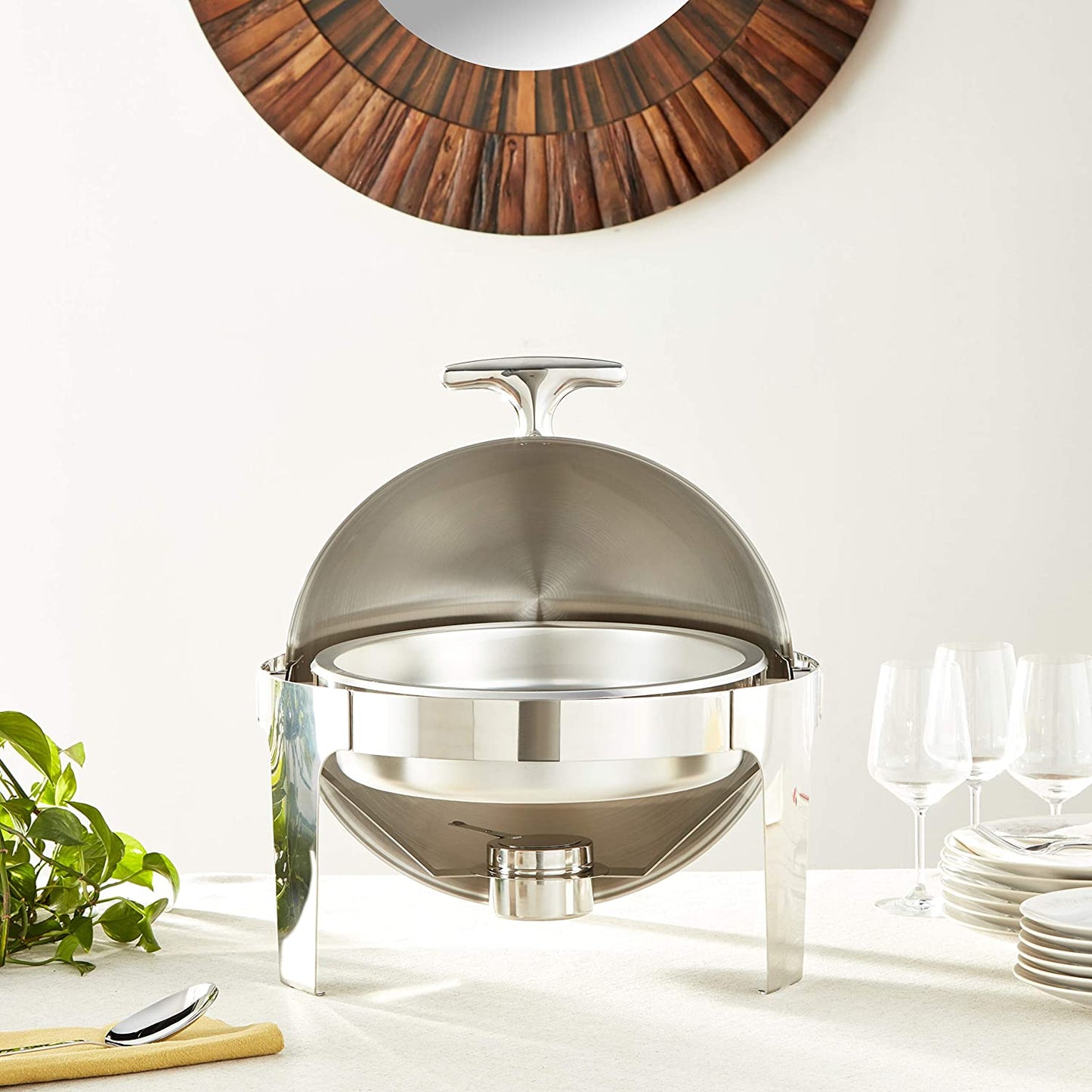BVC M8 Stainless Steel Roll Top Round Chafing Dish with Stand 6.5 Litre