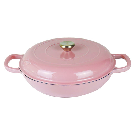 La Cocina 30cm Pink Cast Iron Shallow Round Casserole Paella Pot - 3.5 Liter