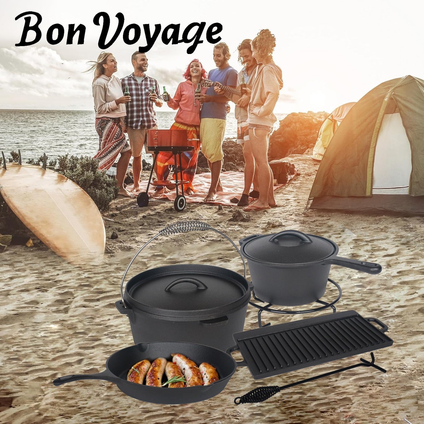 Bon Voyage 7 Piece Pre-Seasoned Heavy Duty Cast Iron Camping Set