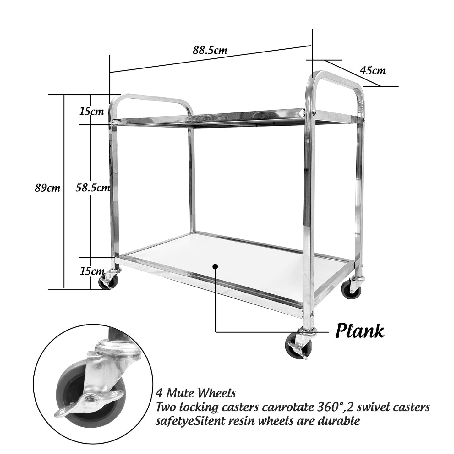 Stainless Steel 2 Tier Wood Board Trolley, Utility Cart