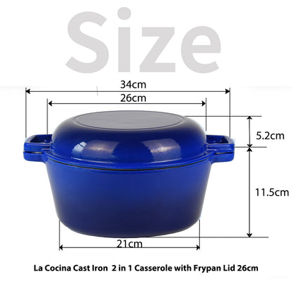 La Cocina Cast Iron 2 in 1 Casserole with Frypan Lid 26cm (one pot only)