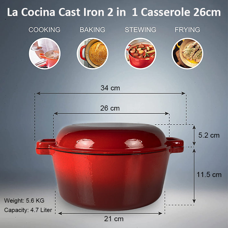 La Cocina Cast Iron 2 in 1 Casserole with Frypan Lid 26cm (one pot only)
