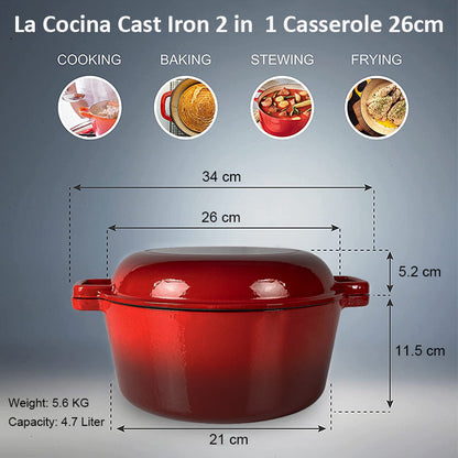La Cocina Cast Iron 2 in 1 Casserole with Frypan Lid 26cm (one pot only)