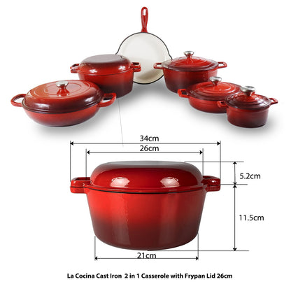 La Cocina Cast Iron 2 in 1 Casserole with Frypan Lid 26cm (one pot only)