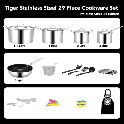 New Arrival!!! Tiger Stainless Steel 29 Piece Cookware Set - Stainless Steel Lid Edition