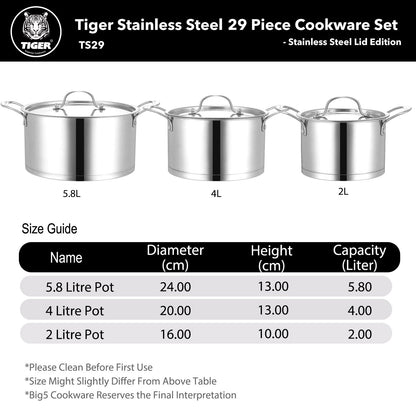 New Arrival!!! Tiger Stainless Steel 29 Piece Cookware Set - Stainless Steel Lid Edition