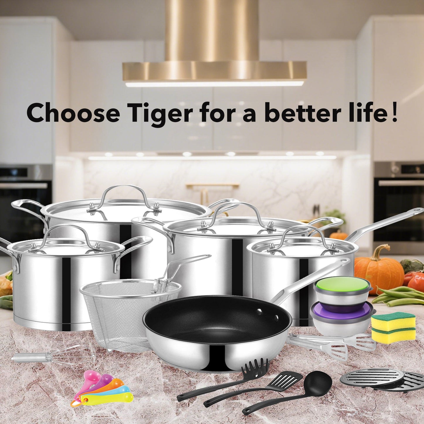 New Arrival!!! Tiger Stainless Steel 29 Piece Cookware Set - Stainless Steel Lid Edition