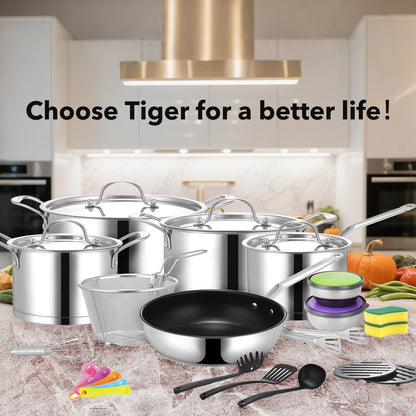 New Arrival!!! Tiger Stainless Steel 29 Piece Cookware Set - Stainless Steel Lid Edition